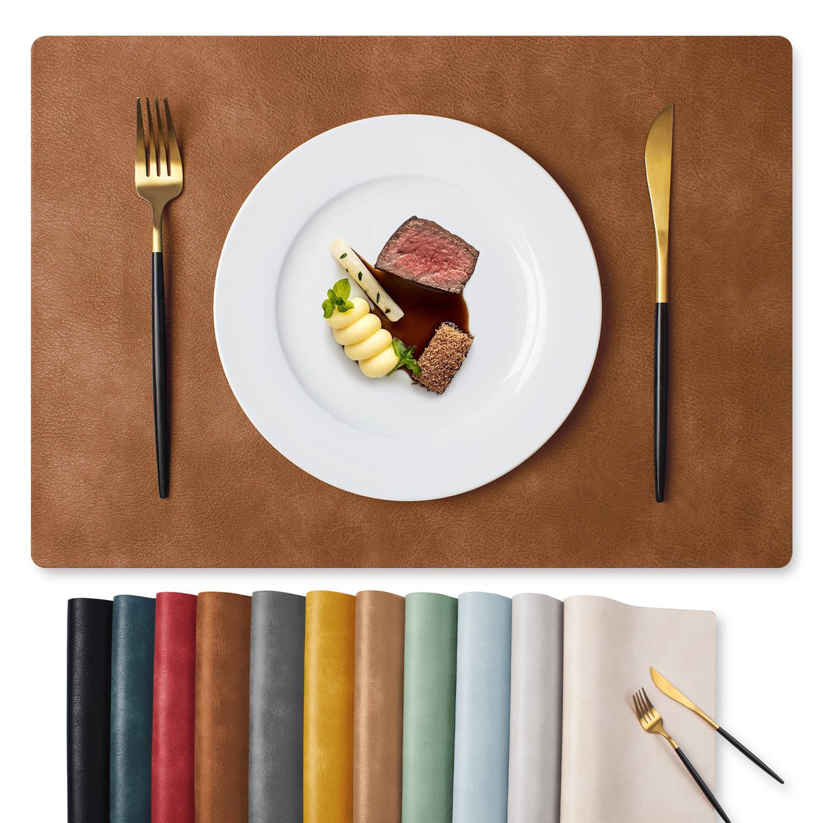 MOSAYT Fall Vinyl Faux Leather Placemats, Set of 6, Reddish Brown