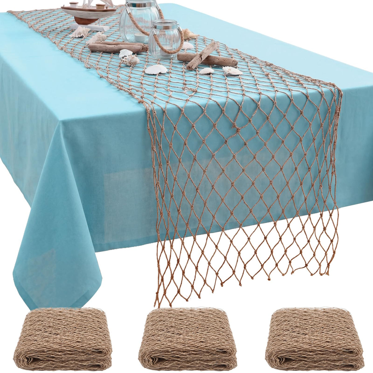 SATINIOR 6 Pcs 12 x 72'' Fishing Net Table Runner Party Decor, Natural