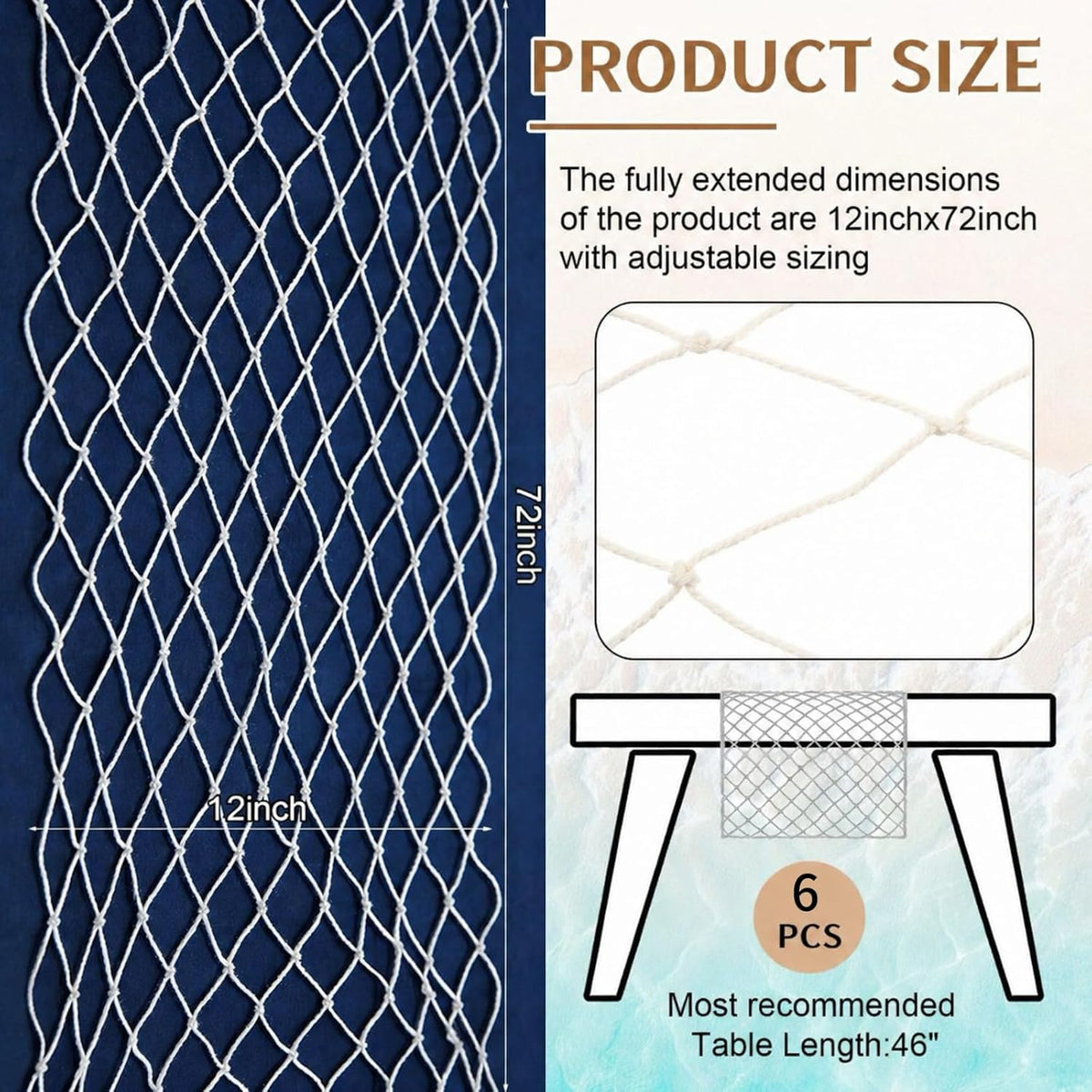 SATINIOR 6 Pcs 12 x 72'' Fishing Net Table Runner Party Decor, Natural