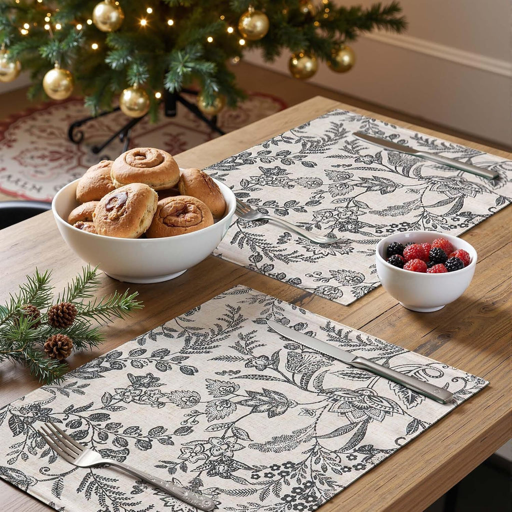 JINCHAN Linen Floral Placemats Set of 4 Farmhouse 13x19 Inch Black