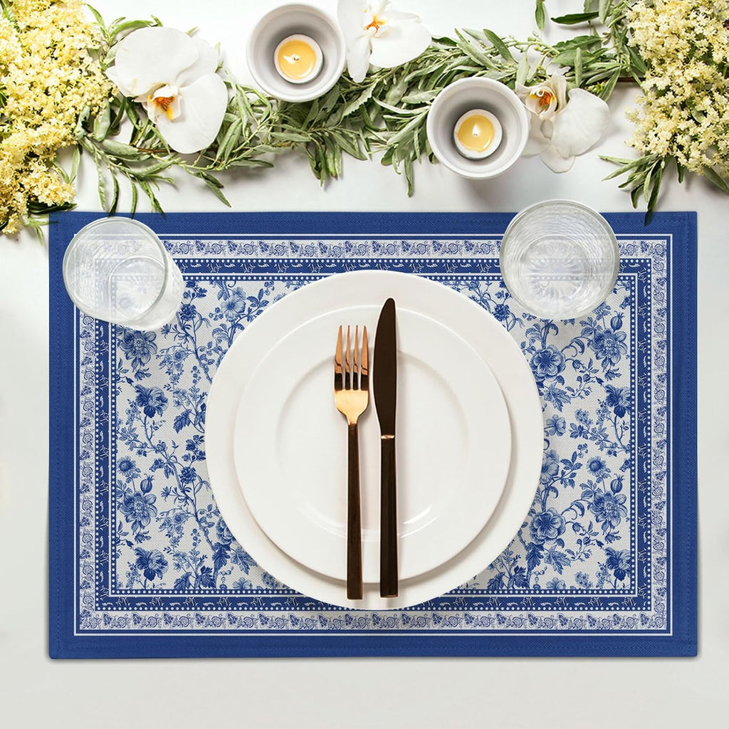 Blue Floral Branches Placemats Set of 4 ，12 x 18 Inch Chinoiserie Table Mats Washable Heat Resistant Linen Fabric Rectangle Place Mat for Indoor Outdoor Kitchen Dining Home Decor