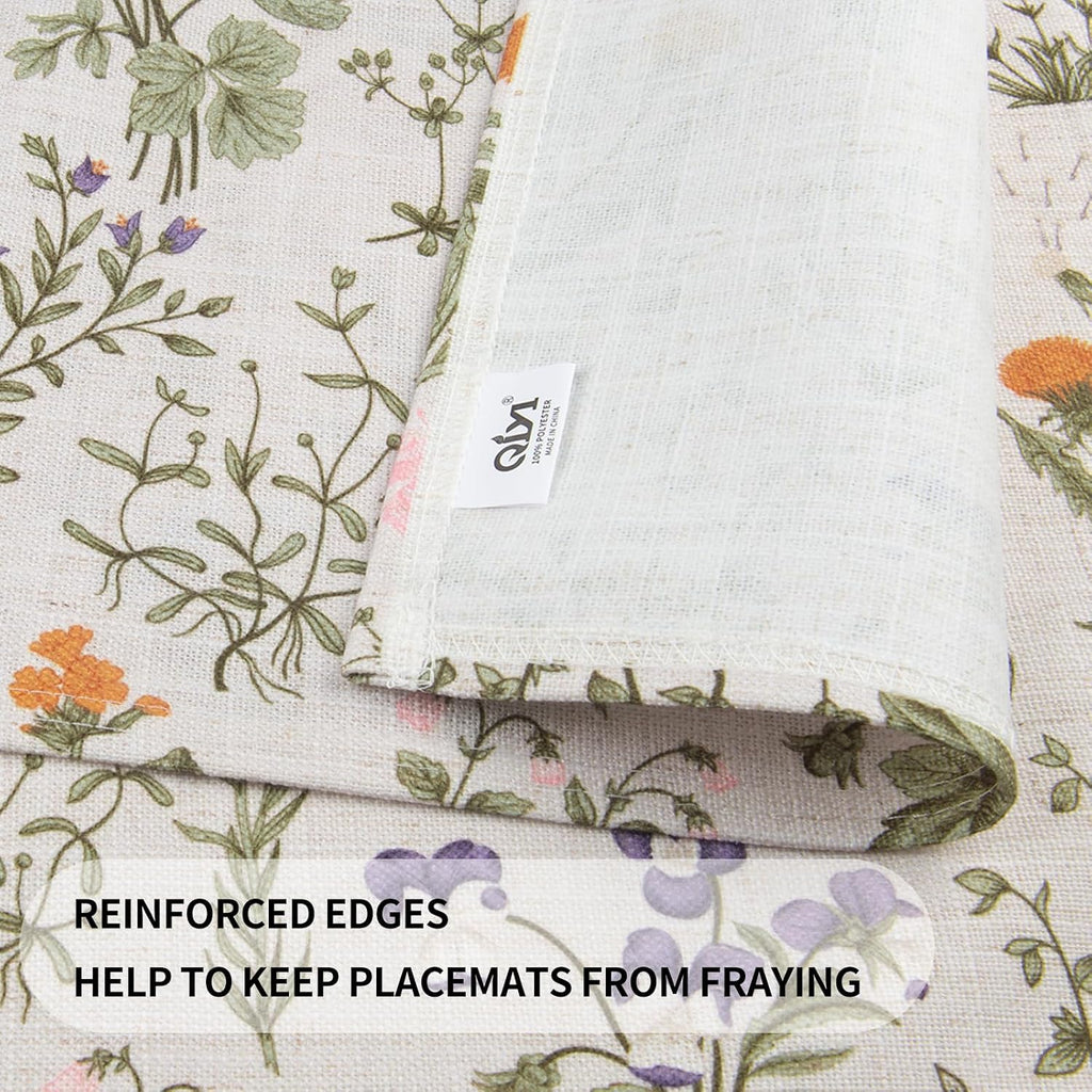 QIYI Boho Table Placemats Set of 4, 12"x18" Linen Place Mats, Wildflowers