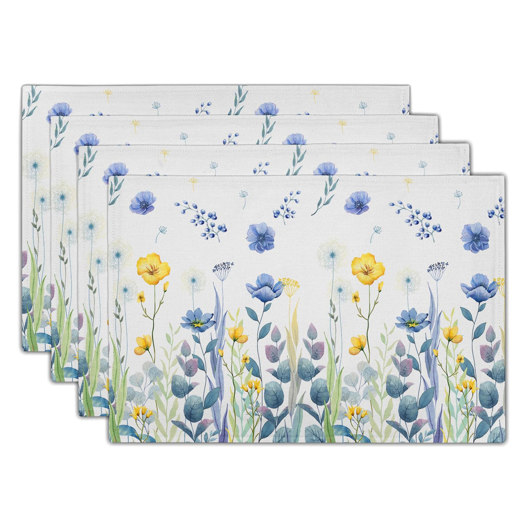 Blue Floral Branches Placemats Set of 4 ，12 x 18 Inch Chinoiserie Table Mats Washable Heat Resistant Linen Fabric Rectangle Place Mat for Indoor Outdoor Kitchen Dining Home Decor