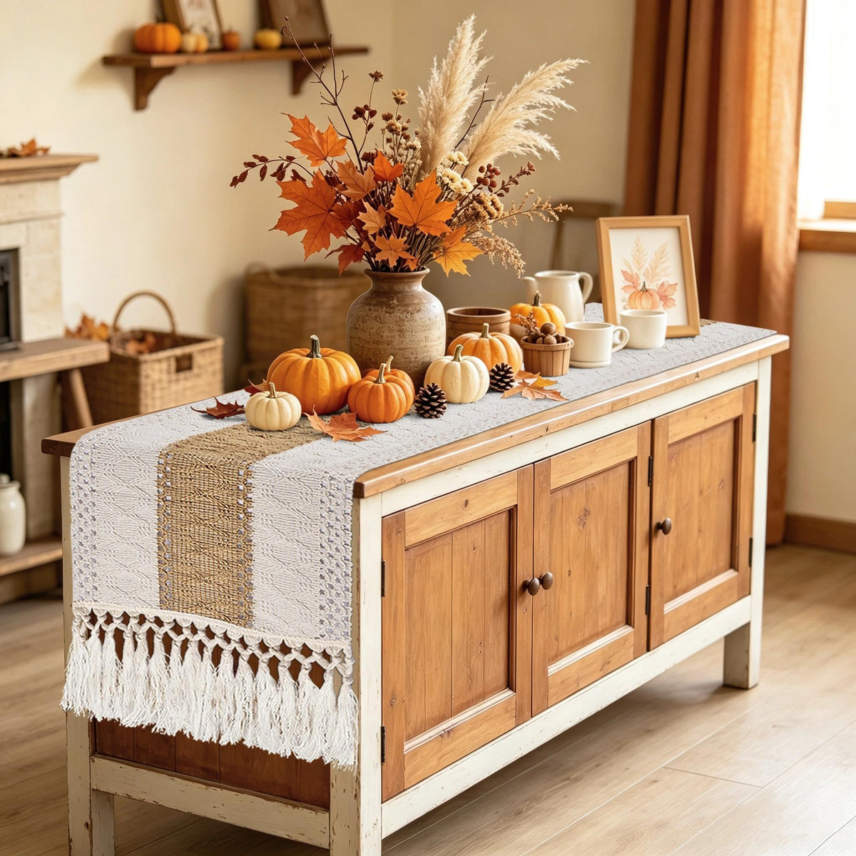 yuboo 36" Boho Macrame Table Runner, Short Cream Coffee Runner, Nightstand