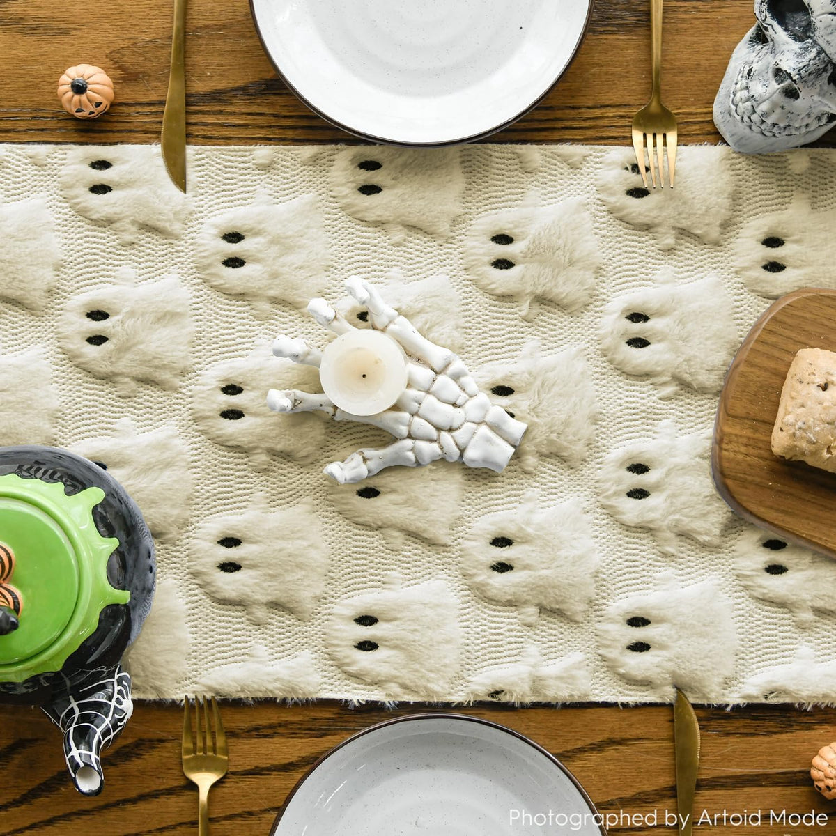 Artoid Mode Beige Soft Faux Fur Ghost Halloween Table Runner 13x72 Inch
