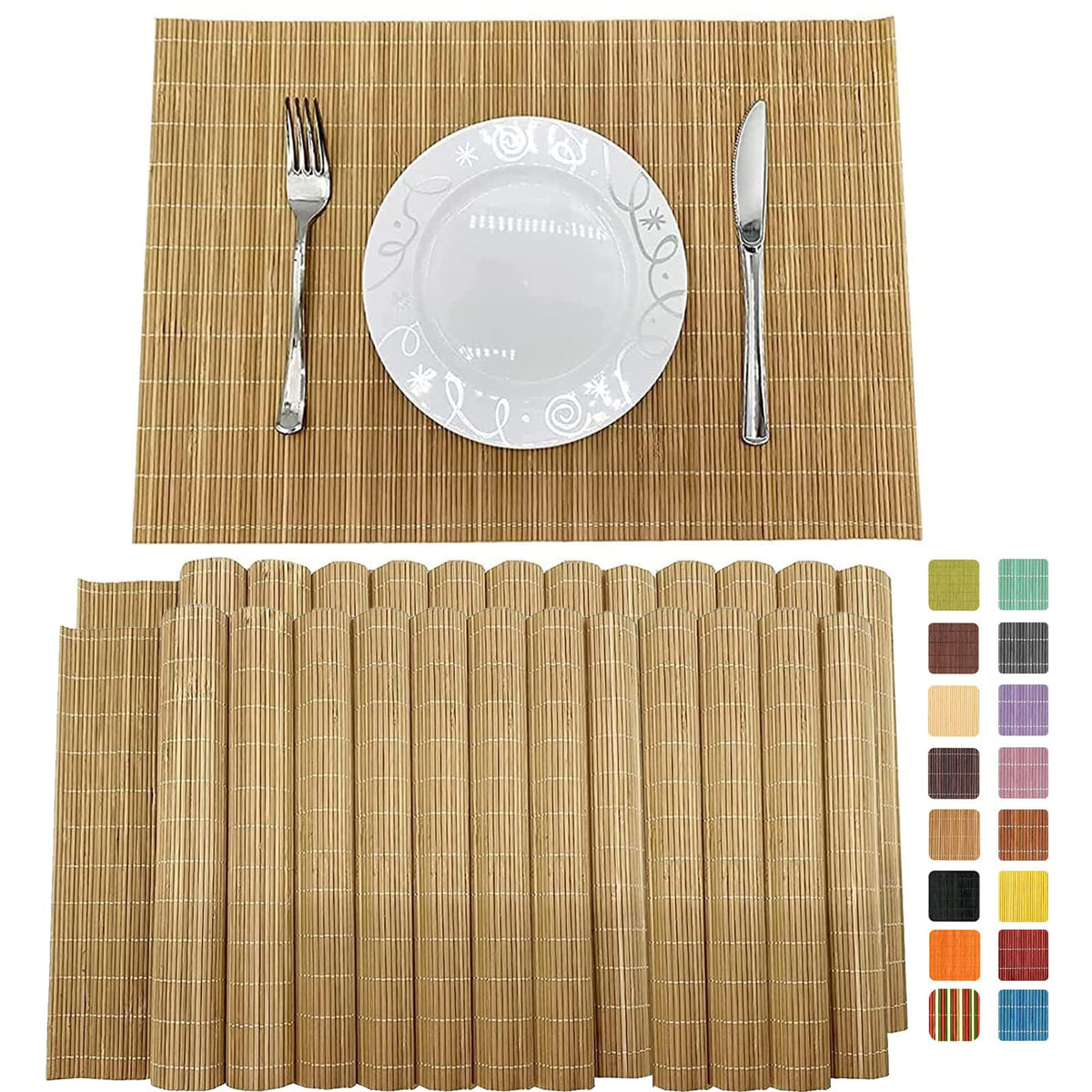 Set of 8 Pcs Bamboo Placemats Sushi Rolling Mat Japanese Style Natural Anti-Slip, Washable Heat-Resistant Table Mats for Dining Room and Kitchen（Brown）