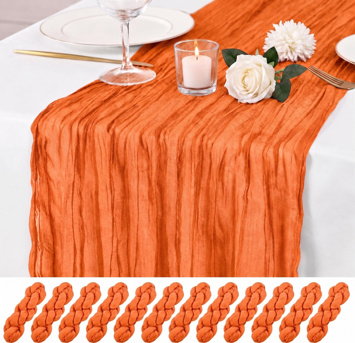 12 Pack Orange Cheesecloth Table Runner 17x108 Inch Boho Rustic Semi Sheer Gauze Cheese Cloth Table Runner for Wedding Bridal Shower Baby Shower Party Farmhouse Dining Table Decor