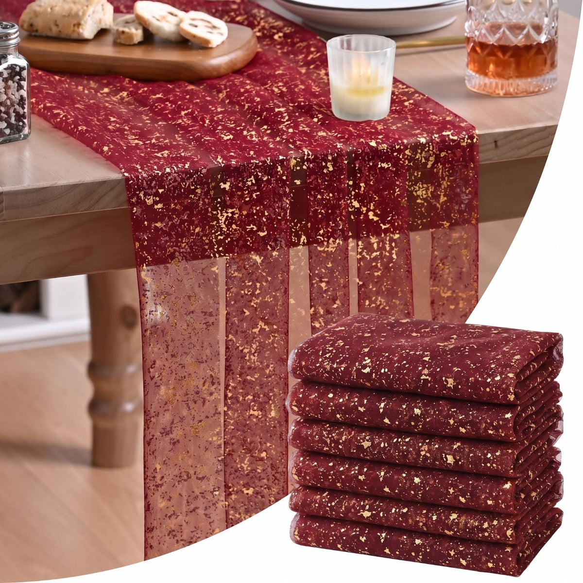 Artoid Mode 6Pcs Beige Gold Gauze Table Runner 120 Inch 10FT, Glitter Metallic Foil Sheer Dining Wedding Anniversary Holiday Birthday Table Decor for Home Party