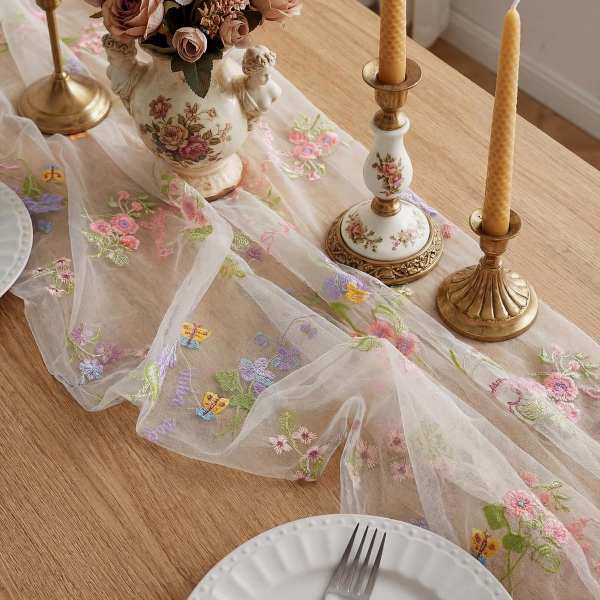 Ivory White Floral Table Runner 10ft Embroidery Tulle Wildflower