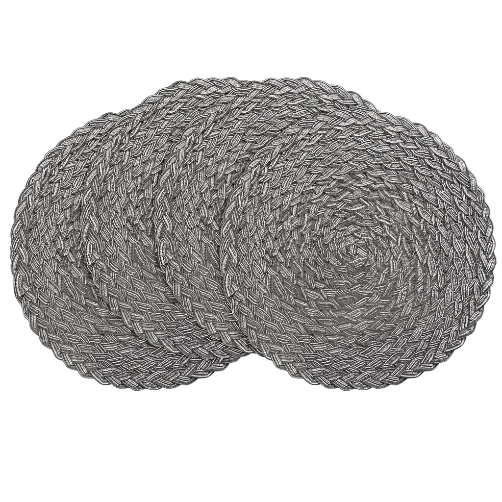 Floroom 15 Inch Round Braided Placemats Set of 4, Washable Heat Resistant Cotton Polyester Circle Place Mats for Kitchen Dining Table - Black