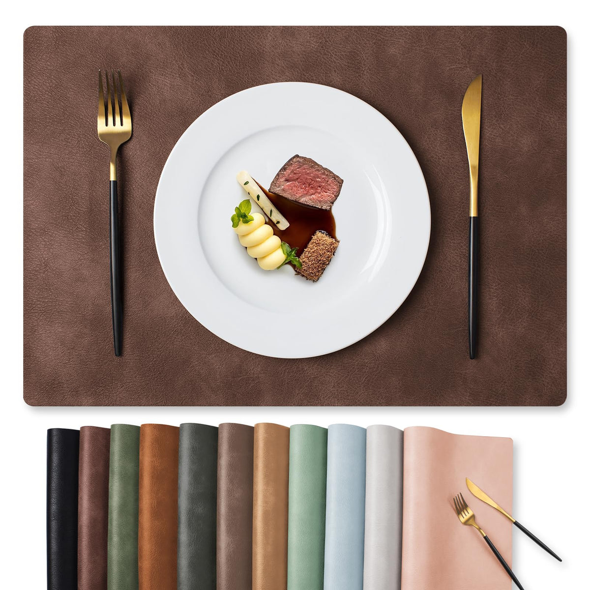 MOSAYT Fall Vinyl Faux Leather Placemats, Set of 6, Reddish Brown