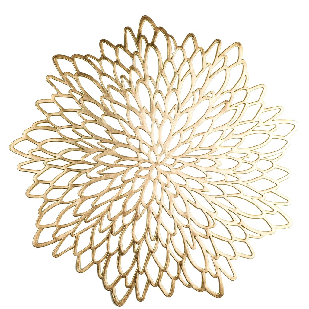Snowkingdom 6 Pack Gold Placemats Metallic Pressed Vinyl Round Leaf Plastic Dinning Table Place Mats Fancy Decorative for Wedding Christmas Thanksgiving Holiday Spring Outdoor