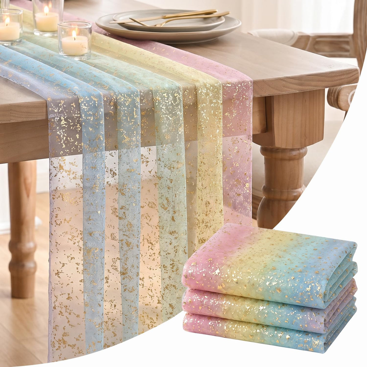 Artoid Mode 6Pcs Beige Gold Gauze Table Runner 120 Inch 10FT, Glitter Metallic Foil Sheer Dining Wedding Anniversary Holiday Birthday Table Decor for Home Party