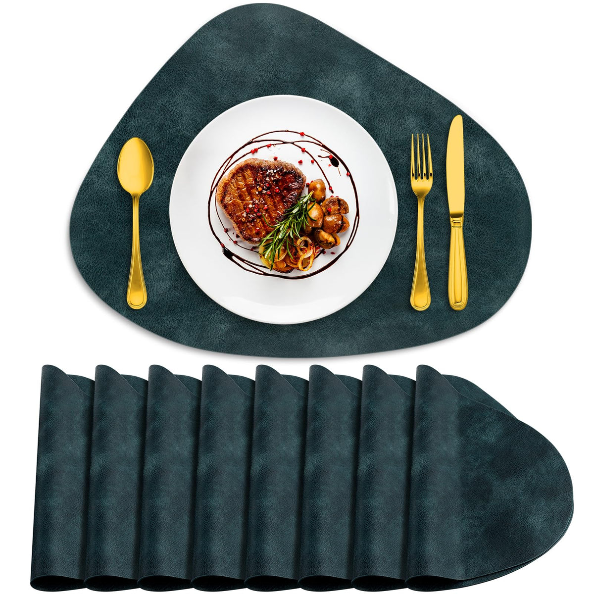 ADRIMER Placemats, Heat Resistant Round Placemats Set of 4 Washable 13 x 17 Inch, Waterproof Table Mats for Kitchen, Dining Room Table Christmas Decor, Turmeric Brown+Camel+Green+Blue