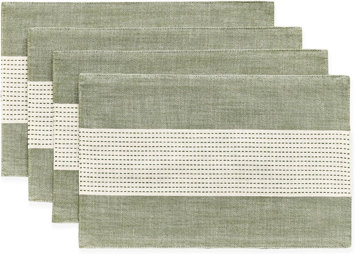 Wracra Linen Placemats, 12 x 18 Inch Set of 4 Placemats, Farmhouse Macrame Place Mats for Kitchen Table and Heat Resistant-Hemstitch Sage Green 4PCS