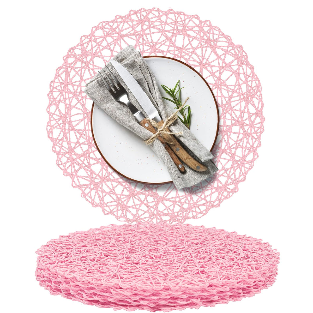 AHHFSMEI Paper Braided Round Placemats Set of 12 Natural Non-Slip Heat Resistant Table Mats for Dining Tables Woven Indoor & Outdoor Place mats(Brown,12)