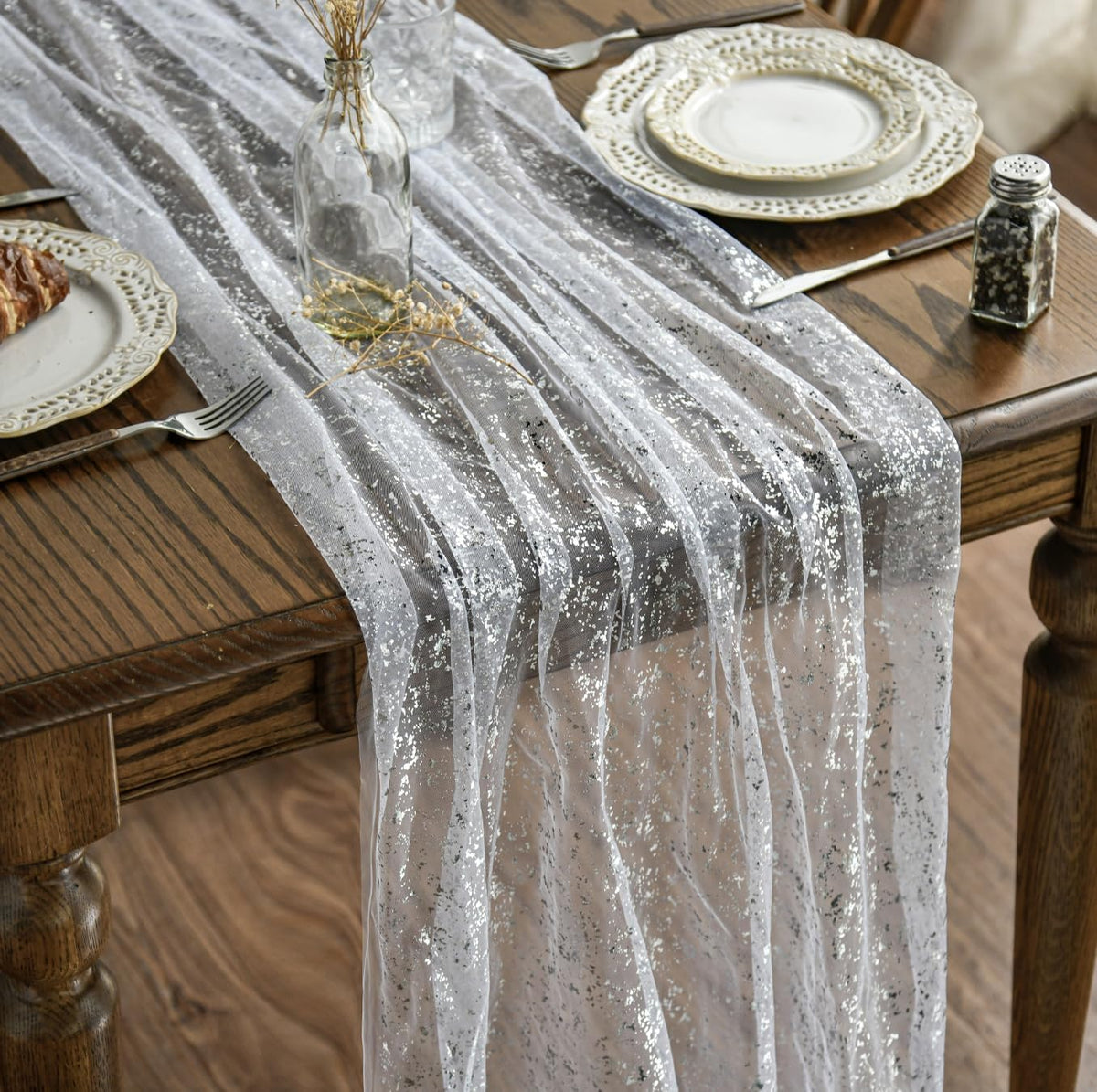 Artoid Mode 6Pcs Beige Gold Gauze Table Runner 120 Inch 10FT, Glitter Metallic Foil Sheer Dining Wedding Anniversary Holiday Birthday Table Decor for Home Party