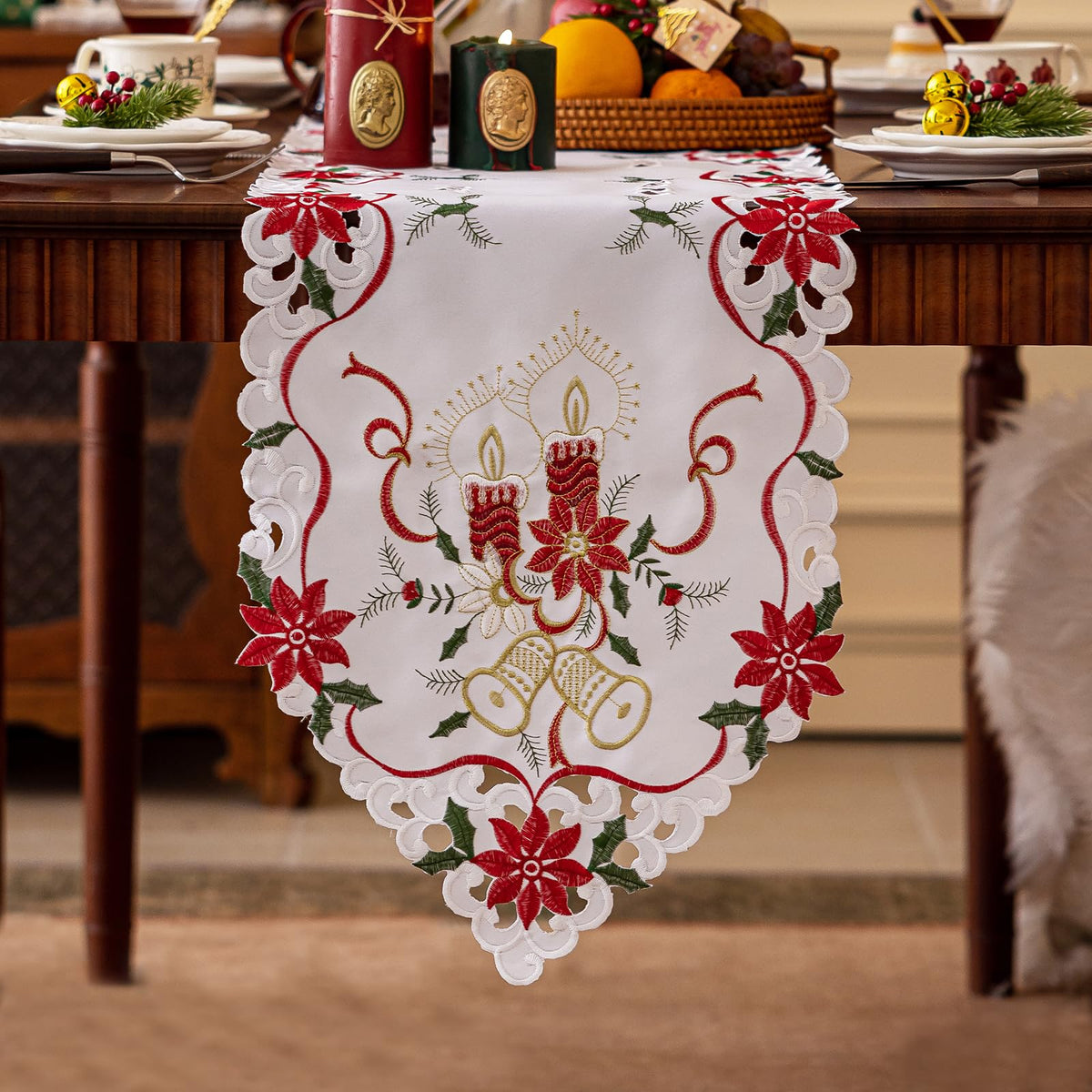 Joyfol Day Fall Thanksgiving Table Runner 14 x 33 Inches, Cutwork Embroidered Brown Maple Leaves Table Runners, Autumn Rust Dresser Scarf for Harvest Party Dinner Seasonal Decoration