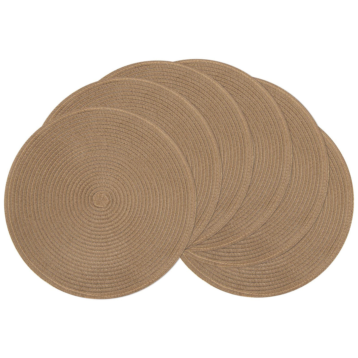 SHACOS 15 inch Round Placemats Set of 6, Cotton Polyester Woven Braided Place Mats, Washable Heat Resistant Circle Table Mats for Dining Table (Beige, 6)