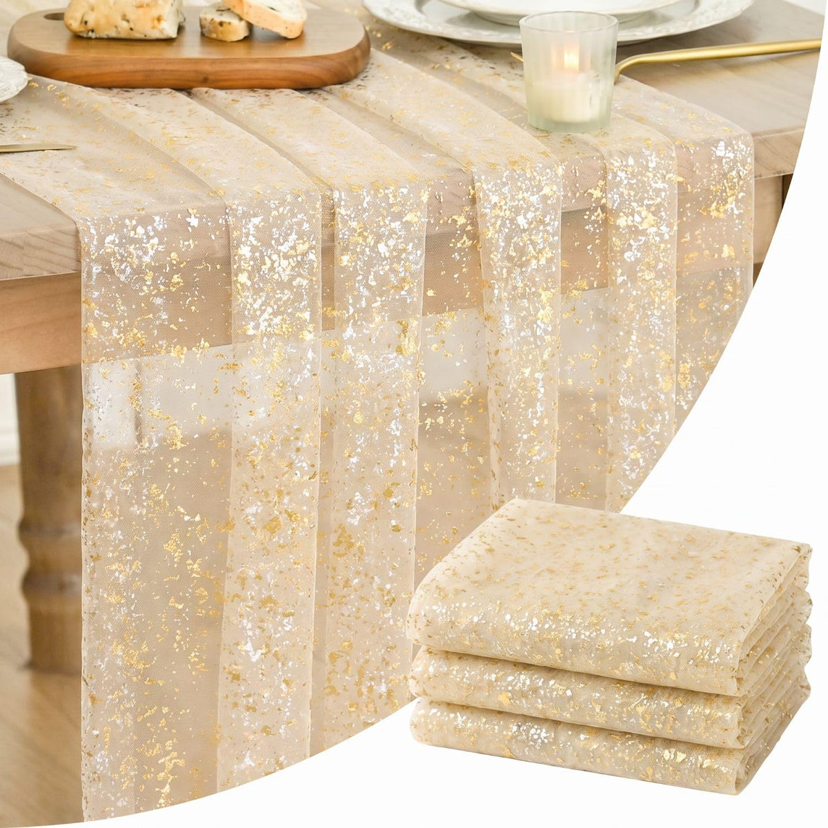 Artoid Mode 6Pcs Beige Gold Gauze Table Runner 120 Inch 10FT, Glitter Metallic Foil Sheer Dining Wedding Anniversary Holiday Birthday Table Decor for Home Party