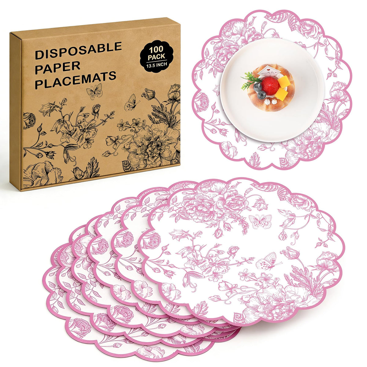 Kochorie Green Floral Paper Placemats 100 Pack, Disposable Scalloped Table Mats, Green Vintage Flower Paper Place Mat, 13.5 x 13.5 Inch for Weddings Bridal Showers Party Décor