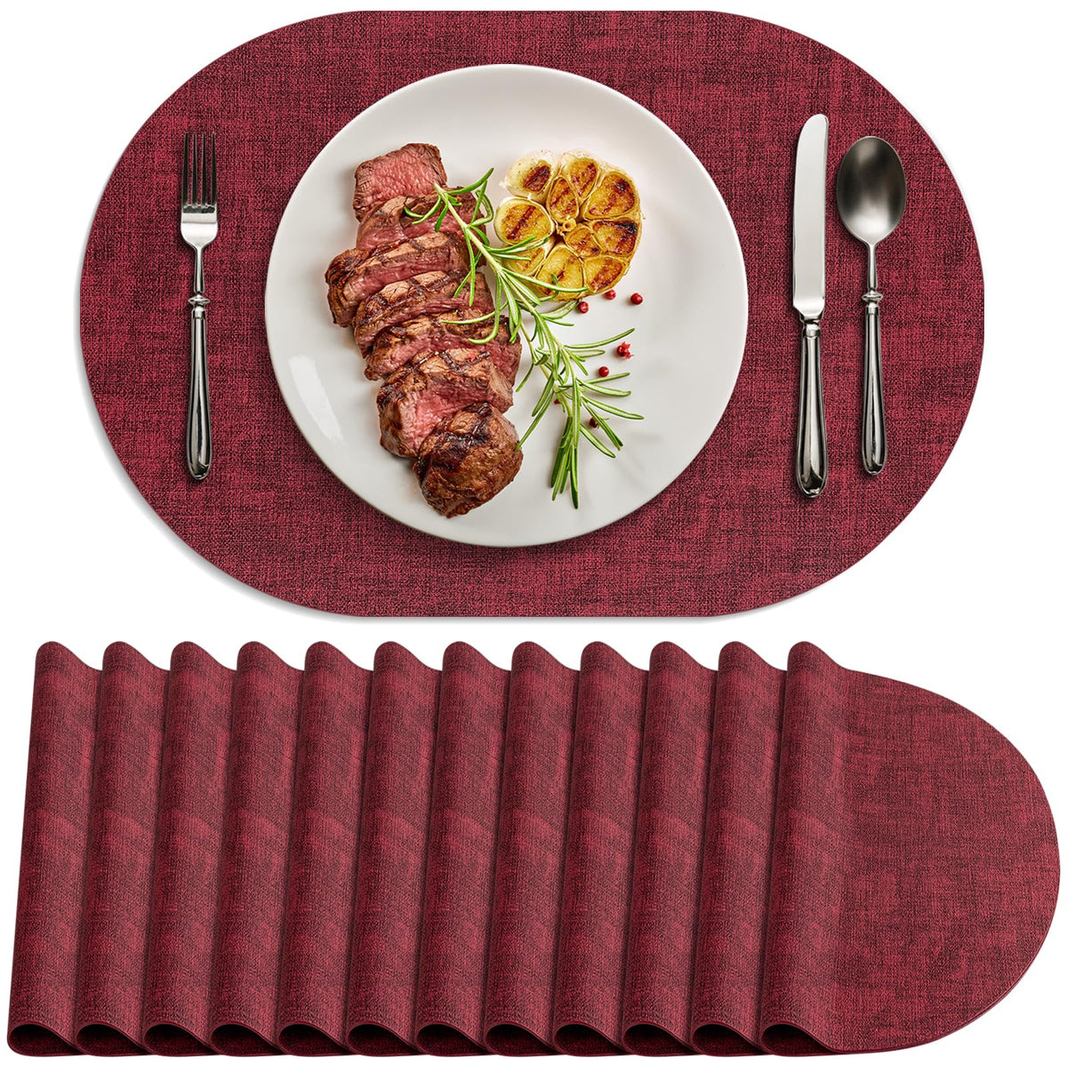 Placemats for Dining Table Set of 8 Non-Slip, Heat Resistant Oval Leather Placemat Double Layer, Waterproof Table Mats Easy to Clean for Kitchen Dining Room Coffee Office Table, Beige