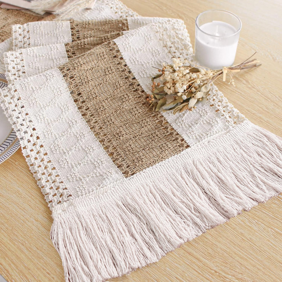 FEXIA Boho Table Runner for Fall Home Decor 12x90 Rustic with Tassels