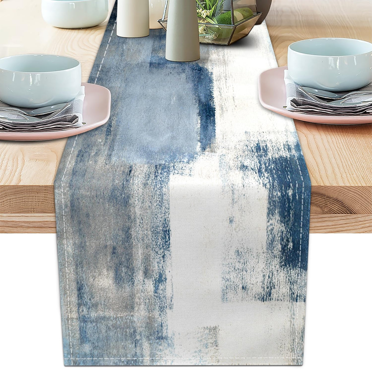 Blue Grey Table Runners Modern Art Farmhouse Linen Table Runners Dresser Scarves Retro Rustic Style for Party Kitchen Dining Table Coffee Holiday Party Decor (Blue Grey, 13"x 71")