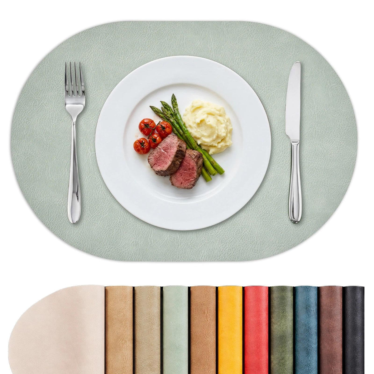 MOSAYT Vinyl Faux Leather Oval Placemats, Set of 6, Reddish Brown