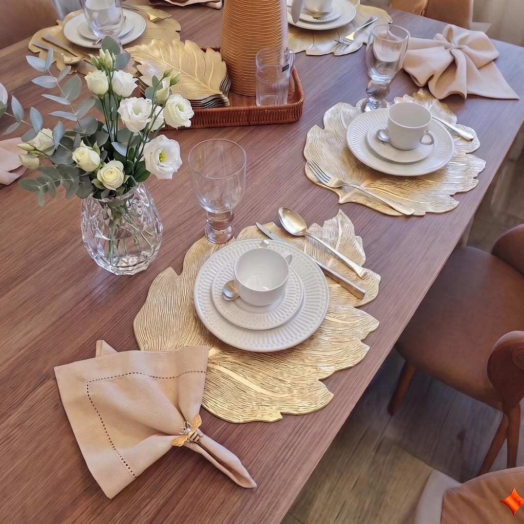 FAVE Gold Vinyl Placemats Set of 6, Washable Leaf Patterned Table Mats