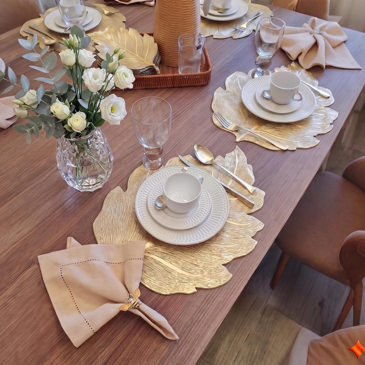 FAVE Gold Vinyl Placemats Set of 6, Washable Leaf Patterned Table Mats