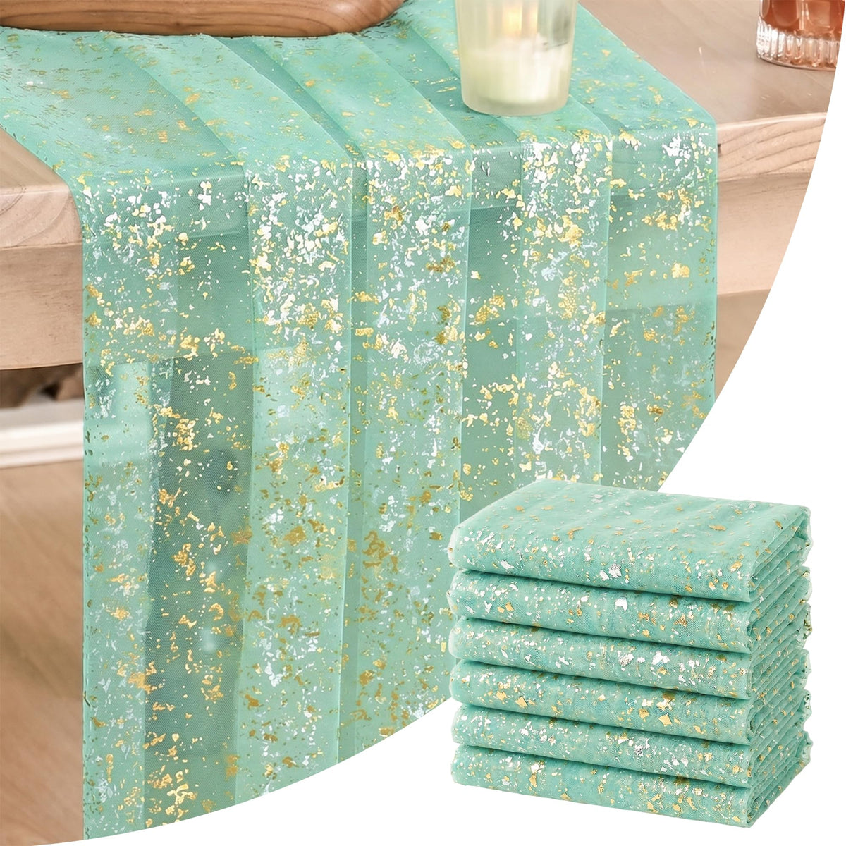 Artoid Mode 6Pcs Beige Gold Gauze Table Runner 120 Inch 10FT, Glitter Metallic Foil Sheer Dining Wedding Anniversary Holiday Birthday Table Decor for Home Party