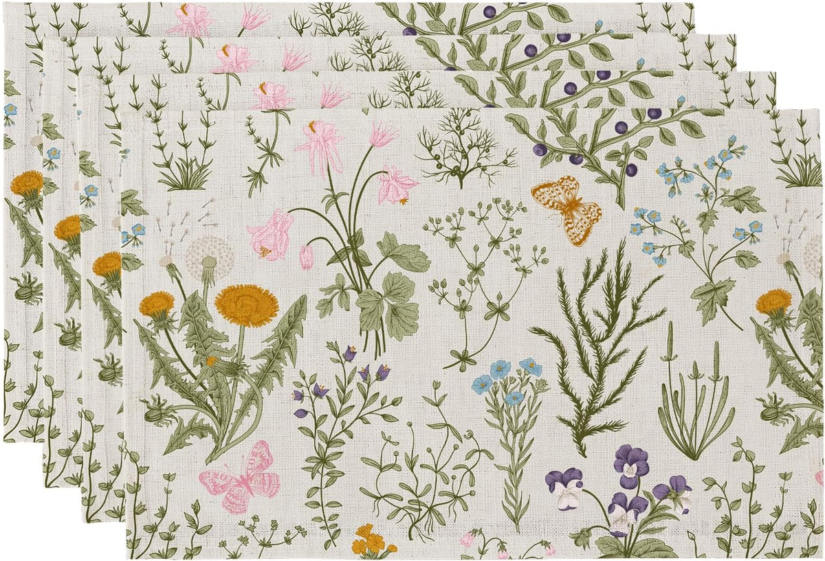 QIYI Boho Table Placemats Set of 4, 12"x18" Linen Place Mats, Wildflowers