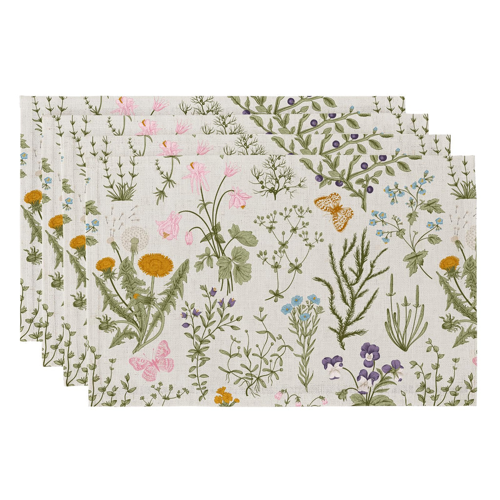 QIYI Boho Table Placemats Set of 4, 12"x18" Linen Place Mats, Wildflowers