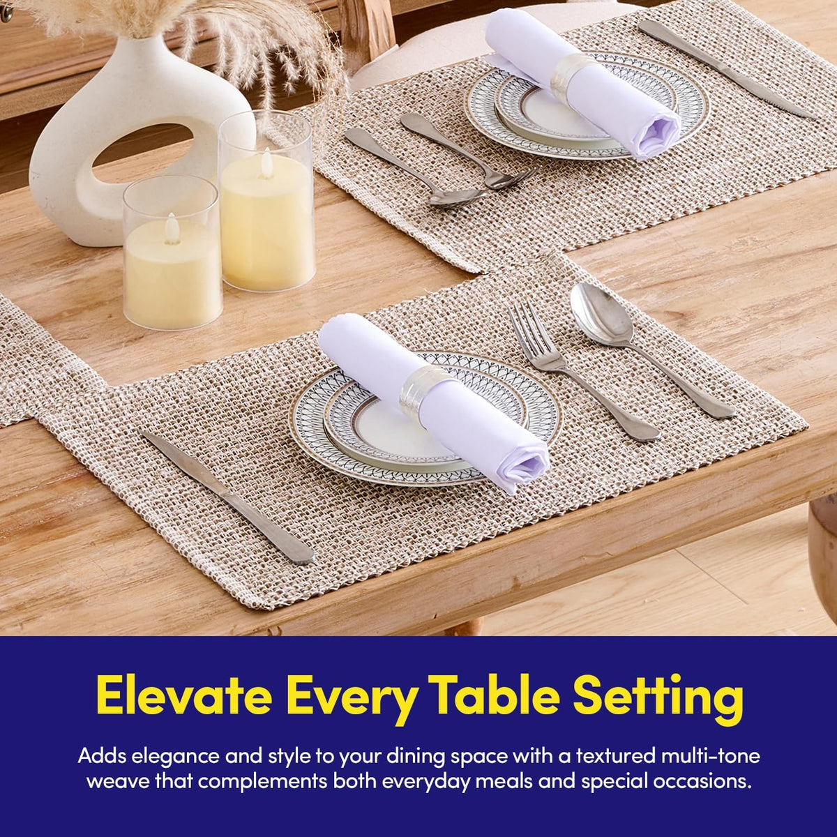 Sweet Home Collection 100% Cotton Placemats for Dining Room Rectangle Two Tone Woven Fabric 13" x 19" Soft Durable Table Mat Set, Set of 4, Eggshell