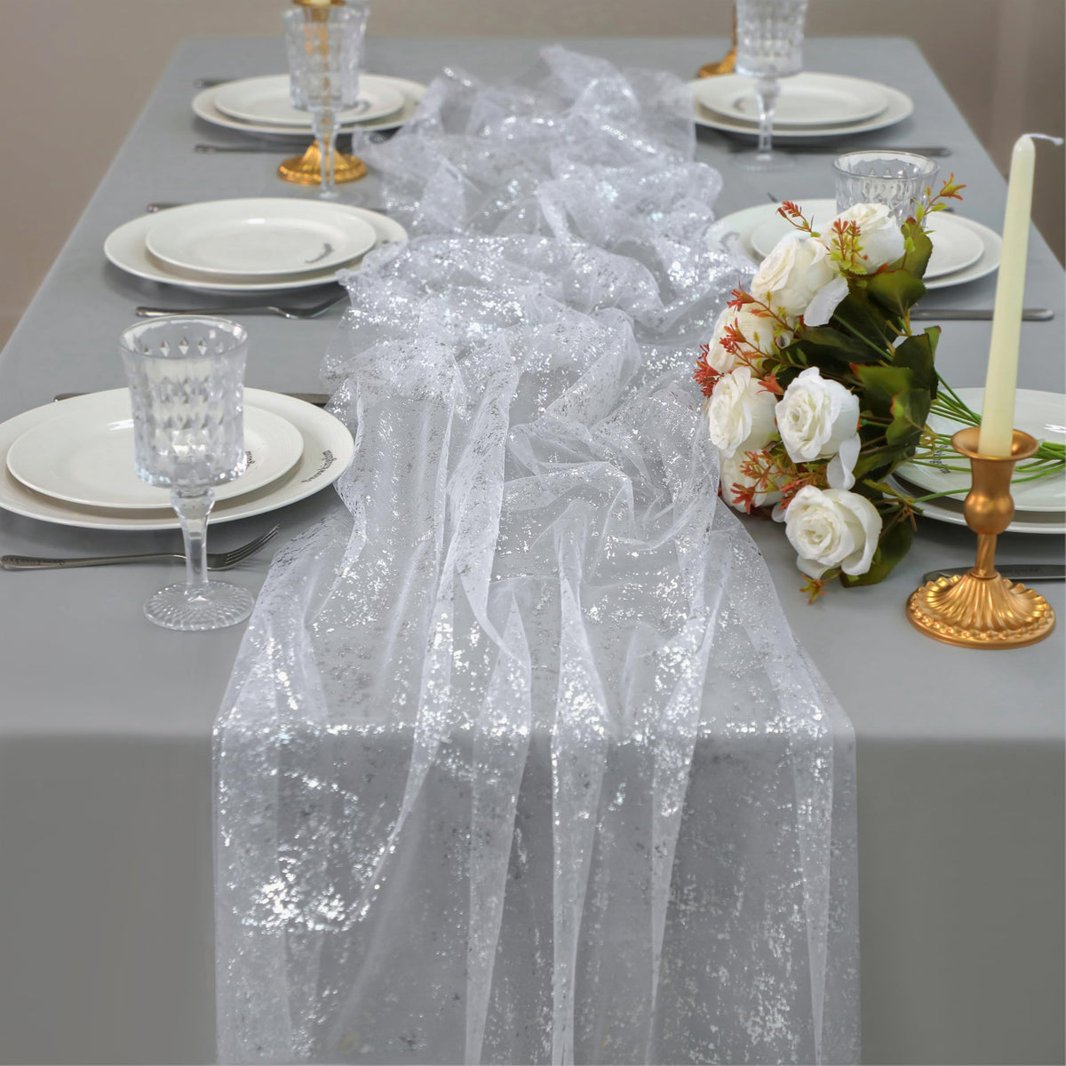 Snowkingdom 6Pcs 10 Ft Gold Table Runners, Sheer Chiffon Tulle Cheesecloth Golden Sequin Glitter Metallic Foil, Gold Party Table Decoration Centerpiece for Wedding Birthday Anniversary Christmas