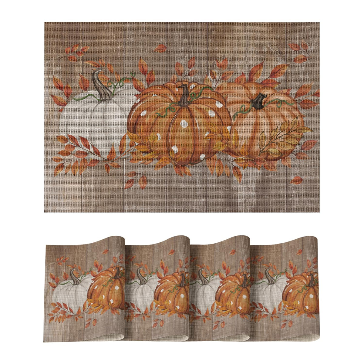 Artoid Mode Pumpkins Leaves Fall Vinyl Placemats Set of 4, Wipeable Colorful Printing PVC Place Mats for Party Kitchen Dining Decor, Beige