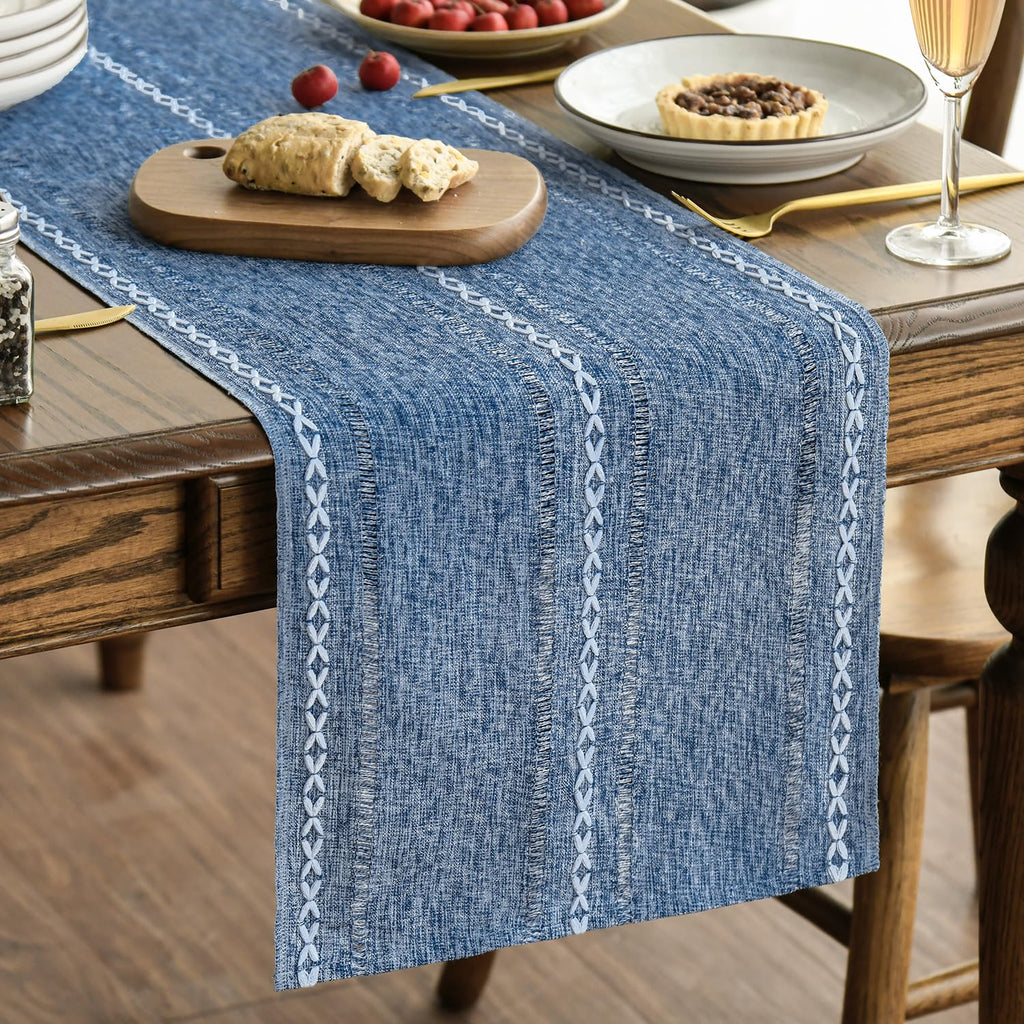Artoid Mode Brown Rustic Cotton Linen Table Runner, Seasonal Embroidered Hollow Kitchen Dining Table Decoration for Home Party Decor 13x90 Inch