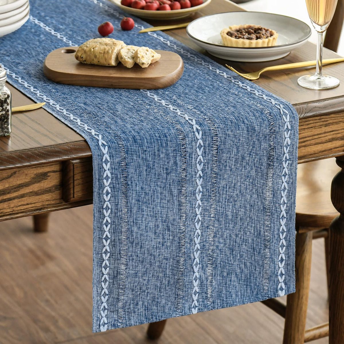 Artoid Mode Brown Rustic Cotton Linen Table Runner, Seasonal Embroidered Hollow Kitchen Dining Table Decoration for Home Party Decor 13x90 Inch