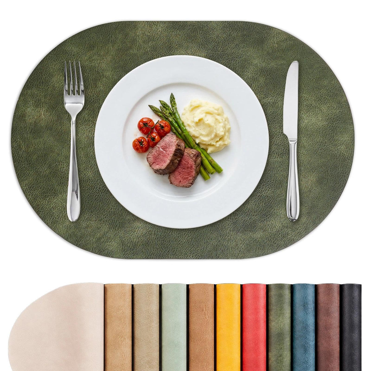 MOSAYT Vinyl Faux Leather Oval Placemats, Set of 6, Reddish Brown
