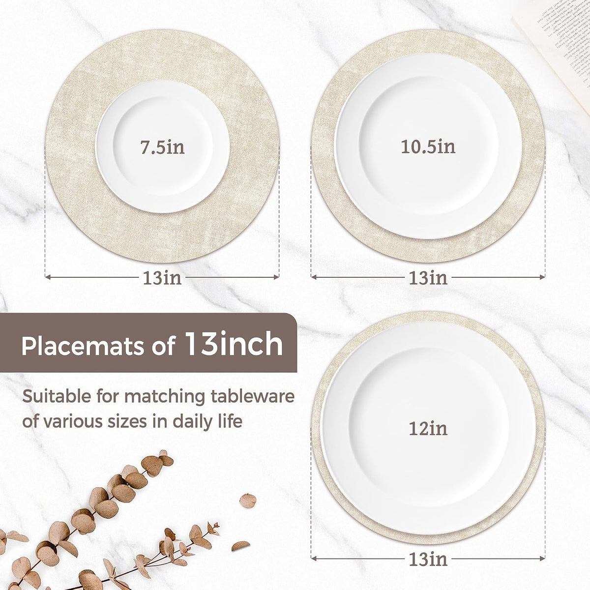 13" Round Placemats Set of 6, Reversible Faux Leather Wipeable Table Mats