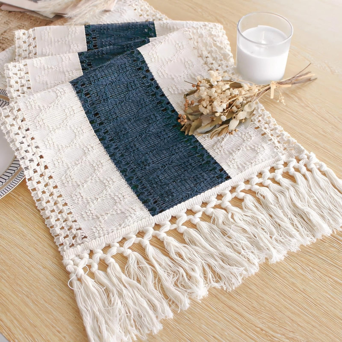 FEXIA Boho Table Runner for Fall Home Decor 12x72 Rustic with Tassels