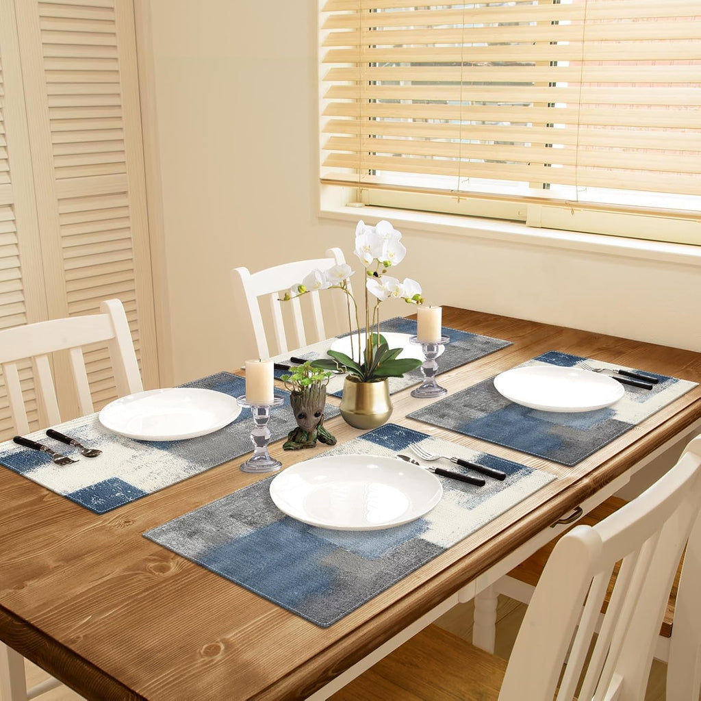 Emvency Farmhouse Placemats Set of 4, 12x18 Inch, Abstract Blue Grey