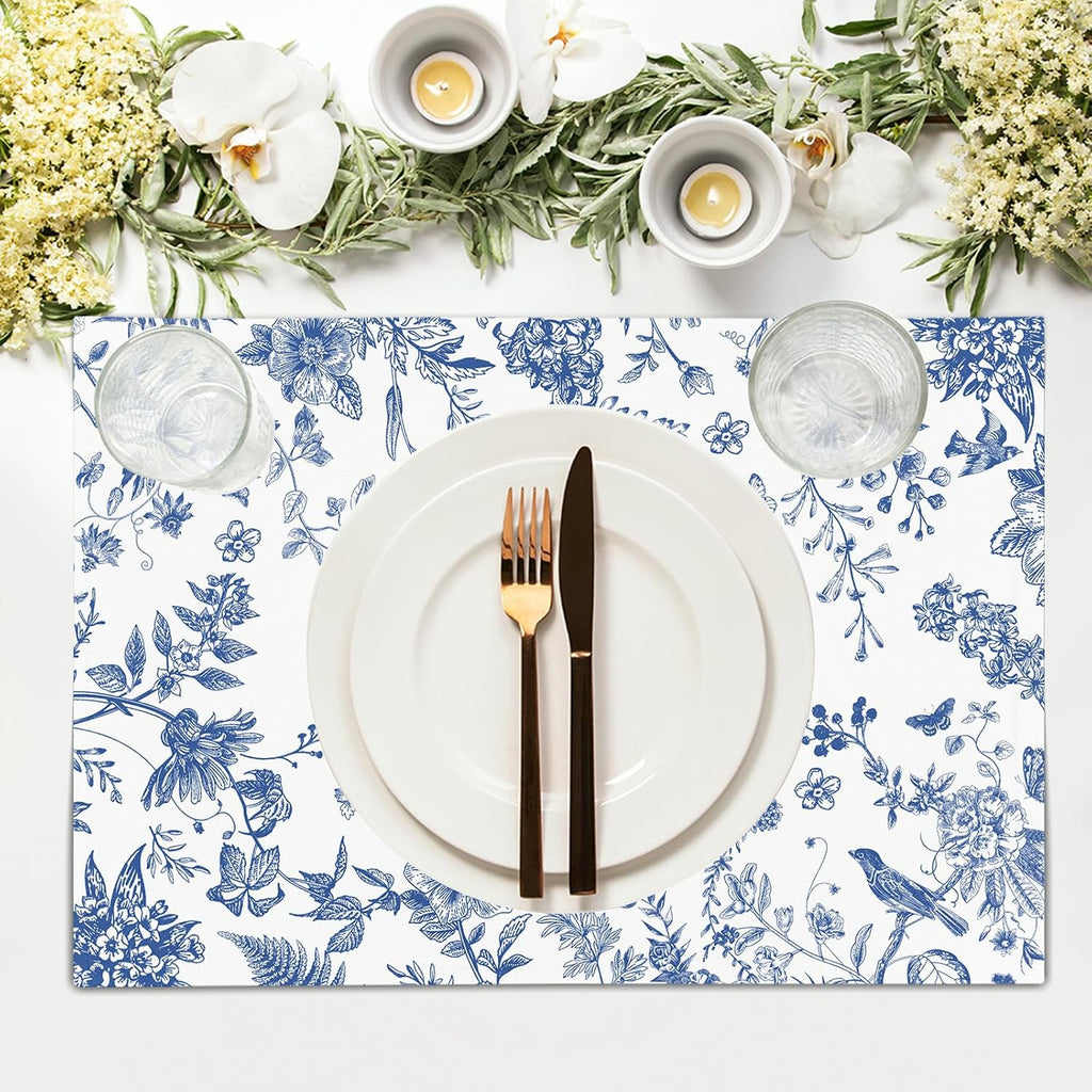 Kawani Blue White Floral Placemats Set of 4 Spring Summer Flower Branches Place Mats 12x18 Inch Chinoiserie Table Mats for Home Kitchen Party Decor