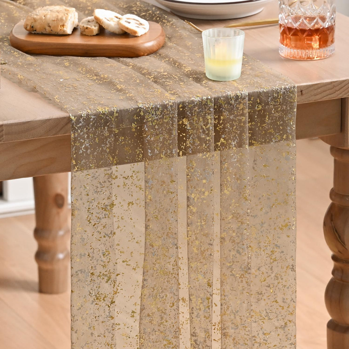 Artoid Mode 6Pcs Beige Gold Gauze Table Runner 120 Inch 10FT, Glitter Metallic Foil Sheer Dining Wedding Anniversary Holiday Birthday Table Decor for Home Party