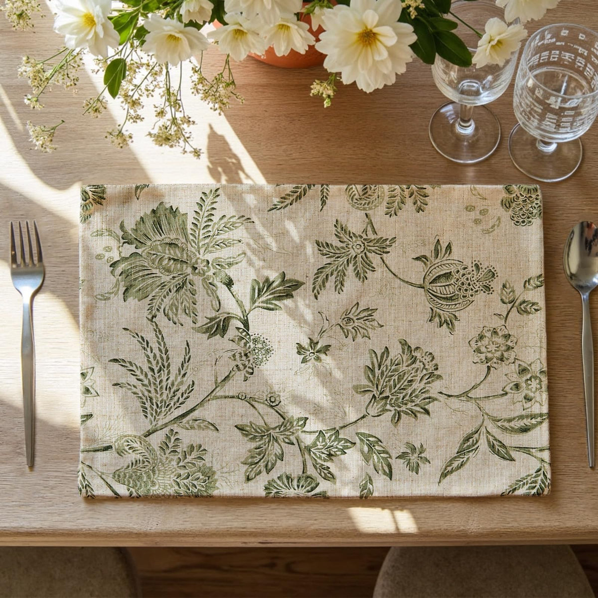 JINCHAN Alice Linen Floral Placemats Set of 4 Farmhouse 13x19 Inch Green