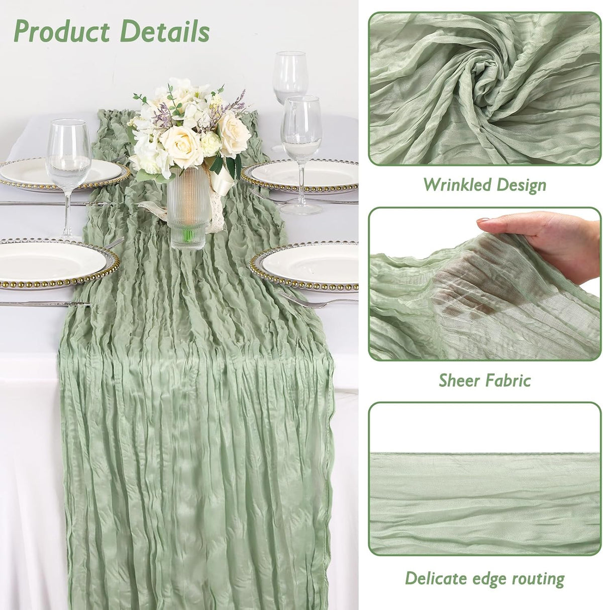 3 Pack Sage Green Cheesecloth Table Runner 120 Inch Boho Wedding Decor