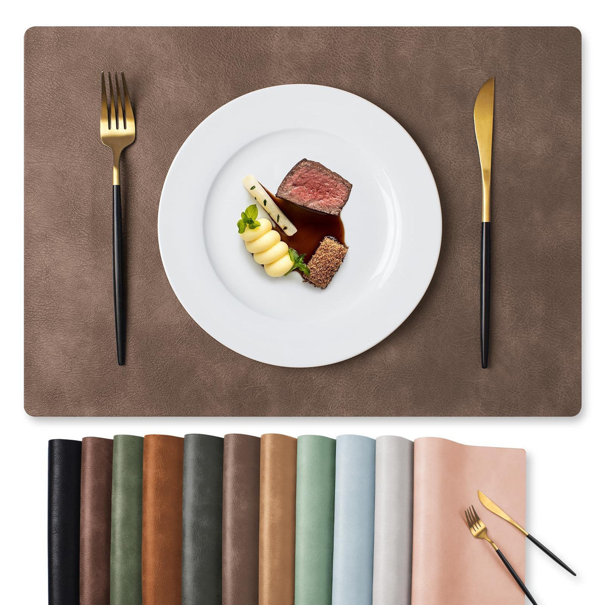 MOSAYT Fall Vinyl Faux Leather Placemats, Set of 6, Reddish Brown