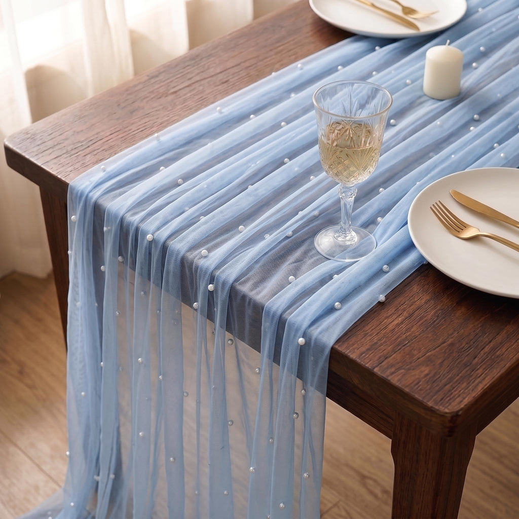 WELTRXE Pearl Table Runner 120 Inch 10FT, White Gauze Table Runners, Rustic Boho for Holiday Wedding Decor, Home Party ,Baby Shower, Birthday Party