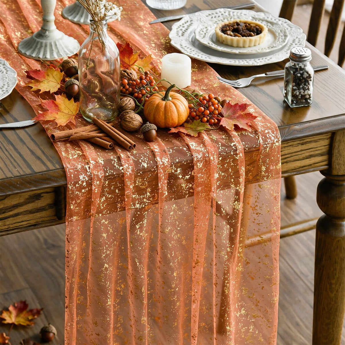 Artoid Mode 6Pcs Beige Gold Gauze Table Runner 120 Inch 10FT, Glitter Metallic Foil Sheer Dining Wedding Anniversary Holiday Birthday Table Decor for Home Party